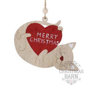 Wooden Cat with Heart Hanger